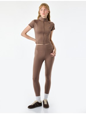 Koton Slim Fit Interlok Kumaş Dik Yaka Fermuarlı Kısa Kollu Spor Tişört