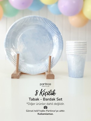 Partince 8 Kişilik Makaron Mavi Tema Kullan At Karton Tabak Bardak Parti Seti