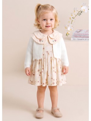 Babymod Bebe Yaka Çiçek Desenli 100% Pamuk Müslin Triko Hırkalı Kız Bebek Elbise