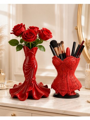 Belirtilmemiş 2’li 3D Dekoratif Set Elbise Tasarımlı Vazo + Korse Makyaj Düzenleyici