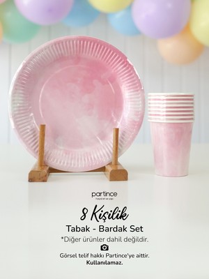 Partince 8 Kişilik Makaron Pembe Tema Kullan At Karton Tabak Bardak Parti Seti