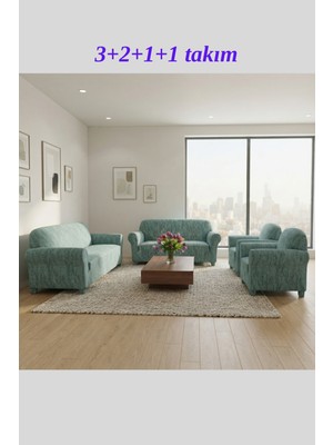 KUTLALE Jakarlı Ağaç Kabuğu (Çubuk) Desen 3+2+1+1 Koltuk Kanepe Çekyat Örtüsü Takımı, Streç, Esnek, Lastikli, Koltuk Kılıfı Takımı Mint Renk