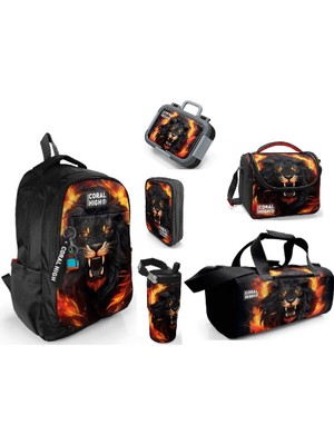 Coral High Coral Hıgh Siyah Aslan Temalı Çelik Termoslu Çelik Beslenme Kaplı Spor Çantalı  Okul Seti - 6 Lı Set