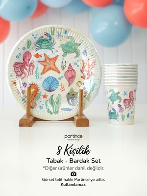 Partince 8 Kişilik Deniz Canlıları Kullan At Karton Tabak Bardak Parti Seti