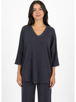 Neden Tekstil Kadın V Yaka Relaxed Fit Lacivert Bluz