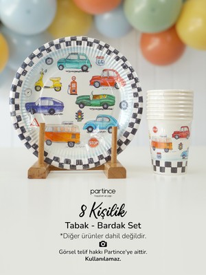Partince 8 Kişilik Klasik Araba Kullan At Karton Tabak Bardak Parti Seti