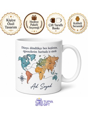 Tupya Gift Coğrafya Haritasında Ülkeleri Bulan Gezgin Öğretmen Kupa Bardak Hediye