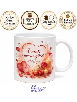 Tupya Gift Romantik Kalp Motifli Gül Yaprakları Mum Işığı Aşk Kupası Hediye Bardak
