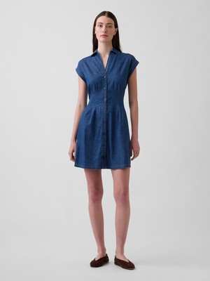 Gap Kadın Mavi Denim Pileli Mini Gömlek Elbise