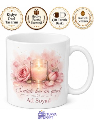 Tupya Gift Romantik Gül Yaprağı Mum Işığı Pastel Pembe Kupa Bardak Sevgiliye Hediye