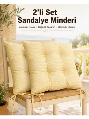 Uykuperest Pastello 2'li Sandalye Minderi 40X40 Bağcıklı Pofidik Pamuk Yıkanabilir Silikon Dolgulu Bahçe Balkon