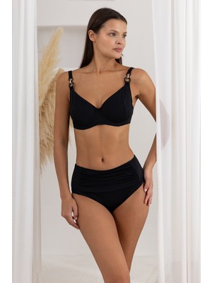Lapieno Kadın Siyah Düz Renk Telli Kapsız Yüksek Bel Toparlayıcı Bikini Takımı