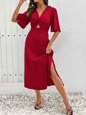 Lune Store Kadın Kısa Kollu Önden Sarmal Detaylı Yandan Yırtmaçlı Midi Sandy Elbise