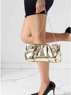 Boutique Kadın Abiye Çantası Büzgülü Deri Portföy Zincirli Omuz ve El Çantası Clutch