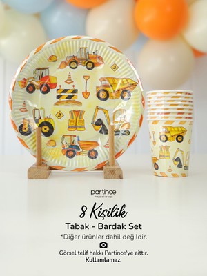 Partince 8 Kişilik Inşaat Tema Kullan At Karton Tabak Bardak Parti Seti