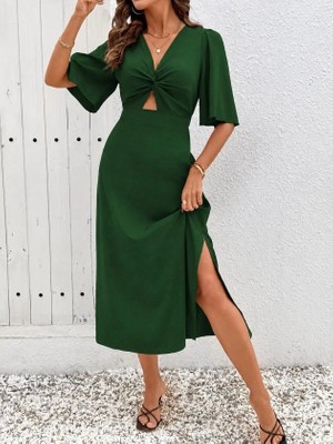 Lune Store Kadın Kısa Kollu Önden Sarmal Detaylı Yandan Yırtmaçlı Midi Sandy Elbise