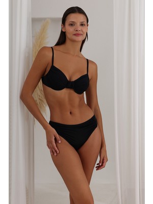Lapieno Kadın Siyah Düz Renk Telli Kapsız Yanları Sürgülü Bikini Takımı