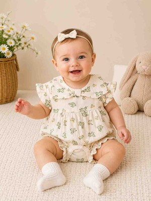 Babys Tasarım Kız Bebek Çiçek Desenli Müslin Tulum – Pamuklu Fırfır Yaka Kurdele Detaylı Yazlık Bebek Tulumu
