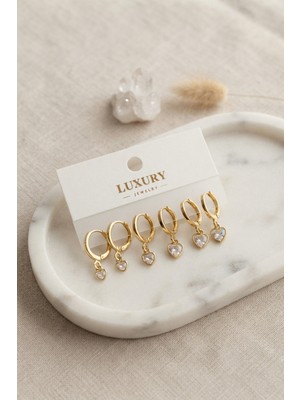Havor Kalp Zirkon Taşlı Gold Renk Pirinç Set Küpe