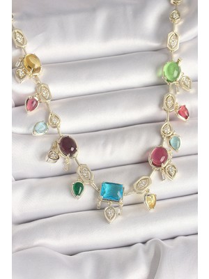 Uravas Store Pirinç Gold Renk Renli Zirkon Taşlı Vıp Seri Kadın Kolye
