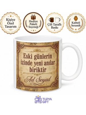 Tupya Gift Vintage Retro Tasarımlı Baskılı Porselen Kupa Bardak Nostaljik Hediye