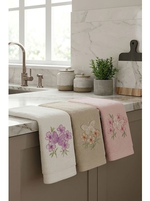 Arvonx %100 Pamuklu 3'lü Mutfak Havlusu Seti  Kelebek Aplikeli ve Çiçek Nakışlı (30X50 Cm)