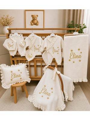Moda Lime Kişiye Özel 10’lu Müslin Hastane Çıkışı Seti – Elina Temalı, Altın Yıldız Nakışlı, %100 Pamuklu