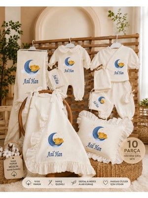 Moda Lime Isme Özel Ayda Uyuyan Ayıcık Nakışlı 10 Parça Müslin Hastane Çıkışı Seti %100 Pamuk 4 Kat Müslin Yenidoğan Bebek Hastane Çıkış Takımı Erkek Bebek