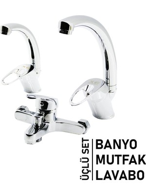 Uravas Store 3lü Set   Banyo - Evye Mutfak - Lavabo   Aç Kapa  Mix Batarya Musluk (5528)