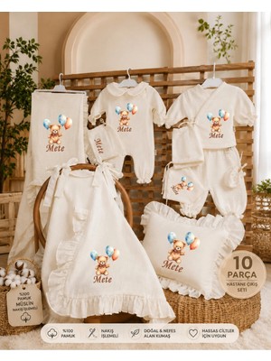 Moda Lime Isme Özel Ayıcık Balon Nakışlı 10 Parça Müslin Hastane Çıkışı Seti %100 Pamuk 4 Kat Müslin Yenidoğan Bebek Hastane Çıkış Takımı Erkek Bebek