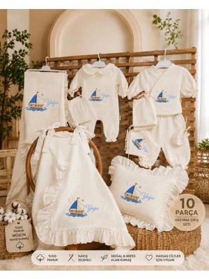 Moda Lime Isme Özel Yelkenli Gemi Nakışlı 10 Parça Müslin Hastane Çıkışı Seti %100 Pamuk 4 Kat Müslin Yenidoğan Bebek Hastane Çıkış Takımı Erkek Bebek