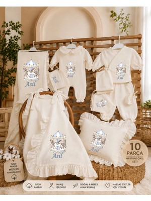 Moda Lime Isme Özel Atlı Karınca Nakışlı 10 Parça Müslin Hastane Çıkışı Seti %100 Pamuk 4 Kat Müslin Yenidoğan Bebek Hastane Çıkış Takımı Erkek Bebek