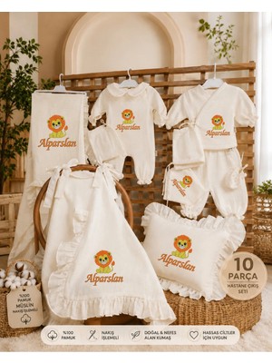 Moda Lime Isme Özel Aslan Nakışlı 10 Parça Müslin Hastane Çıkışı Seti %100 Pamuk 4 Kat Müslin Yenidoğan Bebek Hastane Çıkış Takımı Erkek Bebek