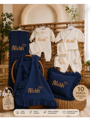 Moda Lime Isme Özel 10 Parça Müslin Hastane Çıkışı Seti - Taç Baskılı Lacivert Yenidoğan Bebek Seti