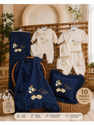 Moda Lime Isme Özel 10 Parça Müslin Hastane Çıkışı Seti - Araba ve Balon Nakışlı Lacivert Yenidoğan Bebek Seti