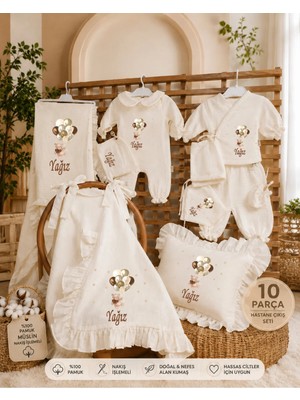 Moda Lime Isme Özel Balonlu Ayıcık Nakışlı 10 Parça Müslin Hastane Çıkışı Seti %100 Pamuk 4 Kat Müslin Yenidoğan Bebek Hastane Çıkış Takımı Erkek Bebek