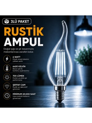 Horoz 6 Watt Beyaz Işık E14 Duylu Rustik Ampul Kıvrık 700 Lümen Avize Ampulü İnce Duylu Mum Ampul