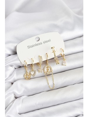 Uravas Store 316L Çelik Gold Renk Zirkon Taşlı Zincir Detaylı Kadın Küpe Seti