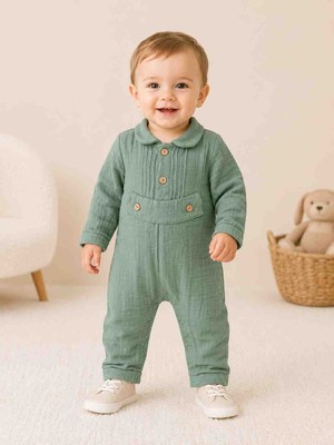 Babys Tasarım Bebek Müslin Tulum Yakalı Pamuklu Uzun Kollu Çıtçıtlı Bebek Tulumu