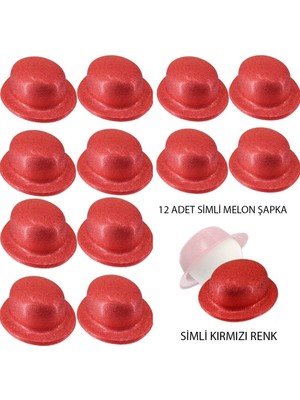 Uravas Store Kırmızı Renk Simli Melon Yuvarlak Parti Şapkası 12 Adet