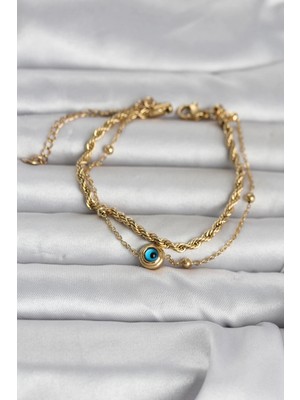 Uravas Store 316L Çelik Gold Renk Burgu Zincir ve Nazarlı Kadın Bileklik