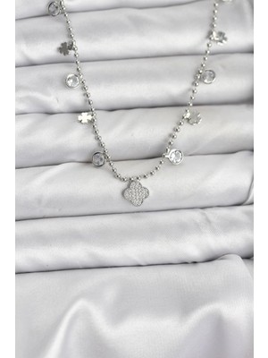 Uravas Store Pirinç Gümüş Renk Yonca Model Kadın Kolye