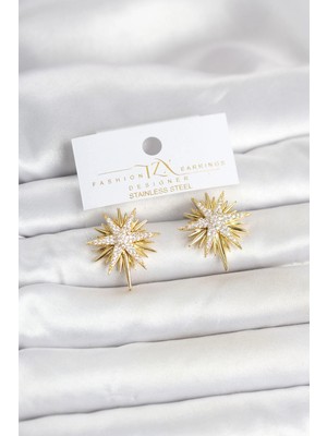 Uravas Store Zirkon Taşlı Pirinç Gold Renk Kutup Yıldızı Kadın Küpe