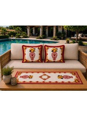 Sue Collection Limon & Üzüm Desenli 3 Lü Dekoratif Kırlent Runner Seti