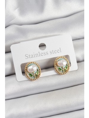 Uravas Store Pirinç Yeşil Mineli Lale Figürlü Sanatsal Portre Model Gold Renk Kadın Küpe