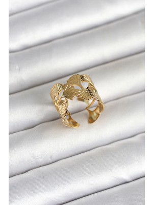 Uravas Store 316L Çelik Gold Renk Yelpaze Model Kadın Yüzük