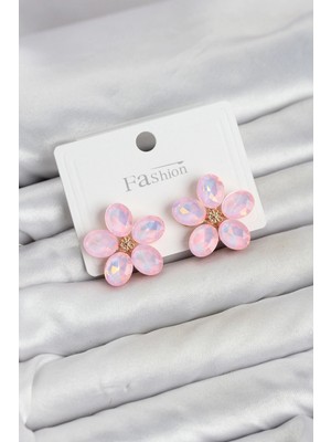 Uravas Store Pembe Renk Kristal Taşlı Çiçek Model Kadın Küpe