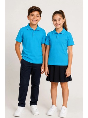 Fevien Unisex Kız Erkek Çocuk Lila Polo Yaka Düğmeli Kısa Kollu Pamuklu Basic Tişört Günlük Okul Rahat Kesim T-Shirt
