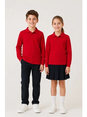 Fevien Unisex Çocuk Gri Melanj Uzun Kollu Polo Yaka Düz Renk Basic Tişört - Rahat Pamuklu Kumaş Günlük ve Okul Kullanımına Uygun