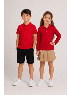 Fevien Çocuk Unisex Lila Renk 2'li Set Pamuklu Polo Yaka Düğmeli Tişört - Hem Uzun Hem Kısa Kollu Okul ve Günlük Giyim Rahat Kalıp Basic T-Shirt